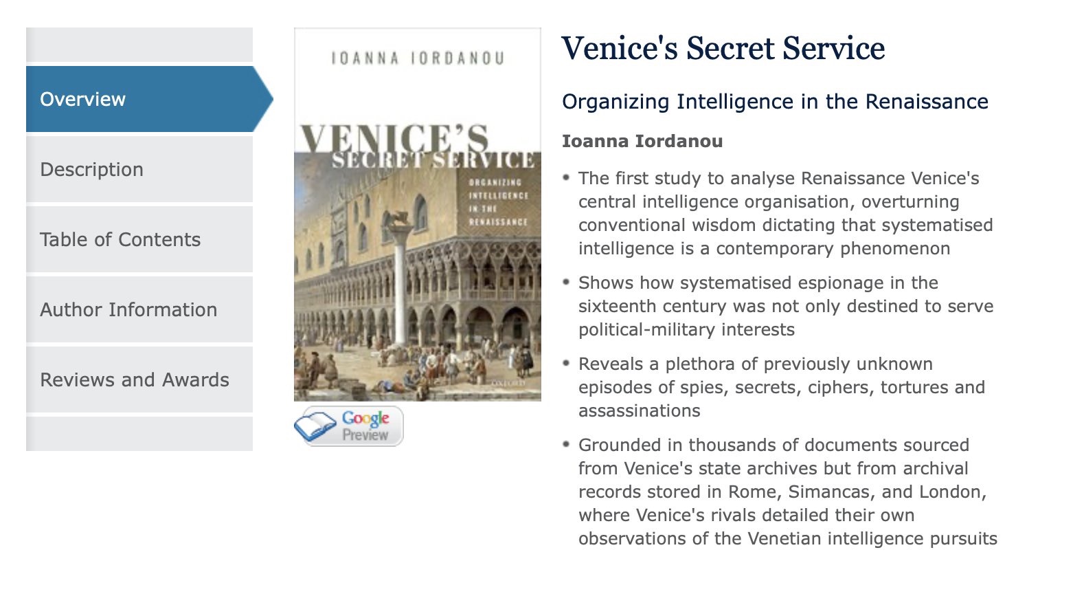 Venice's Secret Service: Organizing Intelligence in the Renaissance